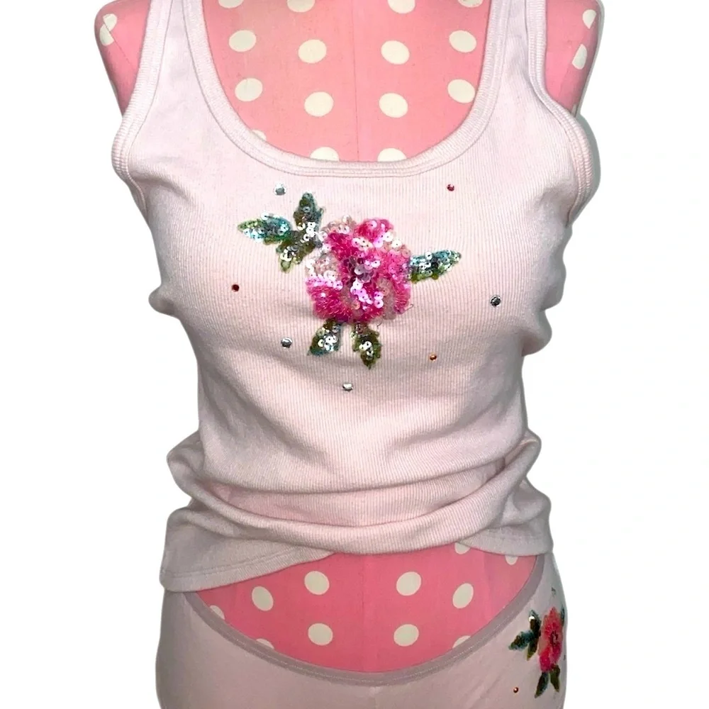 Victoria's Secret Rare sequins embroidered Pink ribbed tank & matching boy short